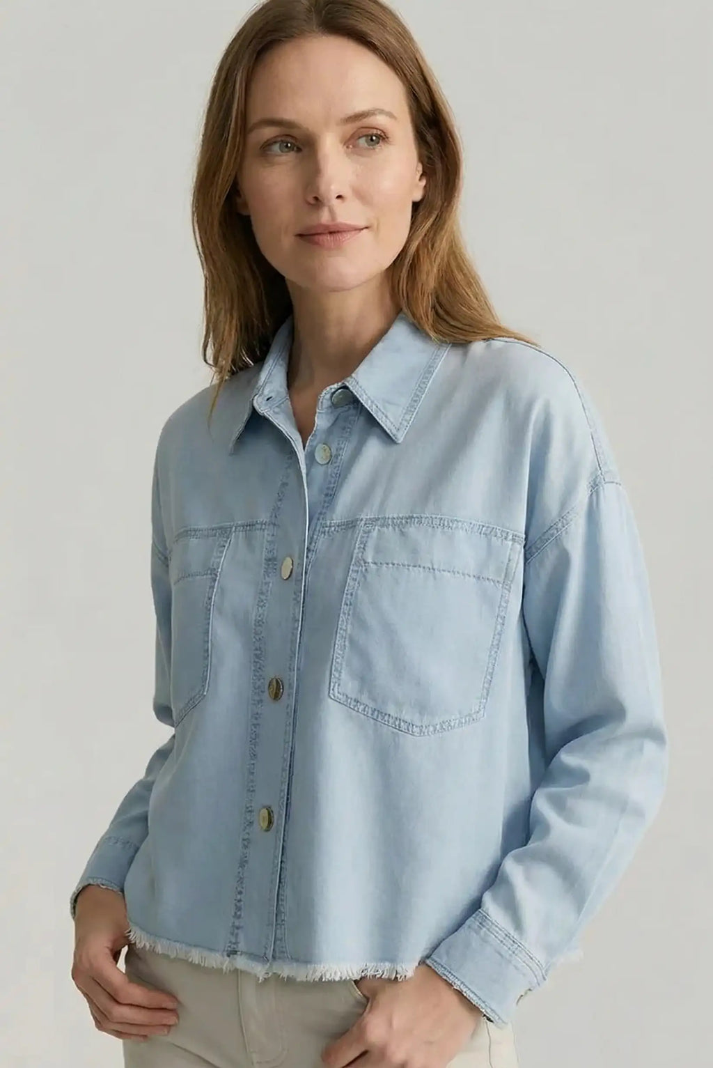 Camisa Denim Azul Corta Mujer Estilo Deshilachado Casual Moderna