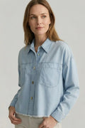 Camisa Denim Azul Corta Mujer Estilo Deshilachado Casual Moderna