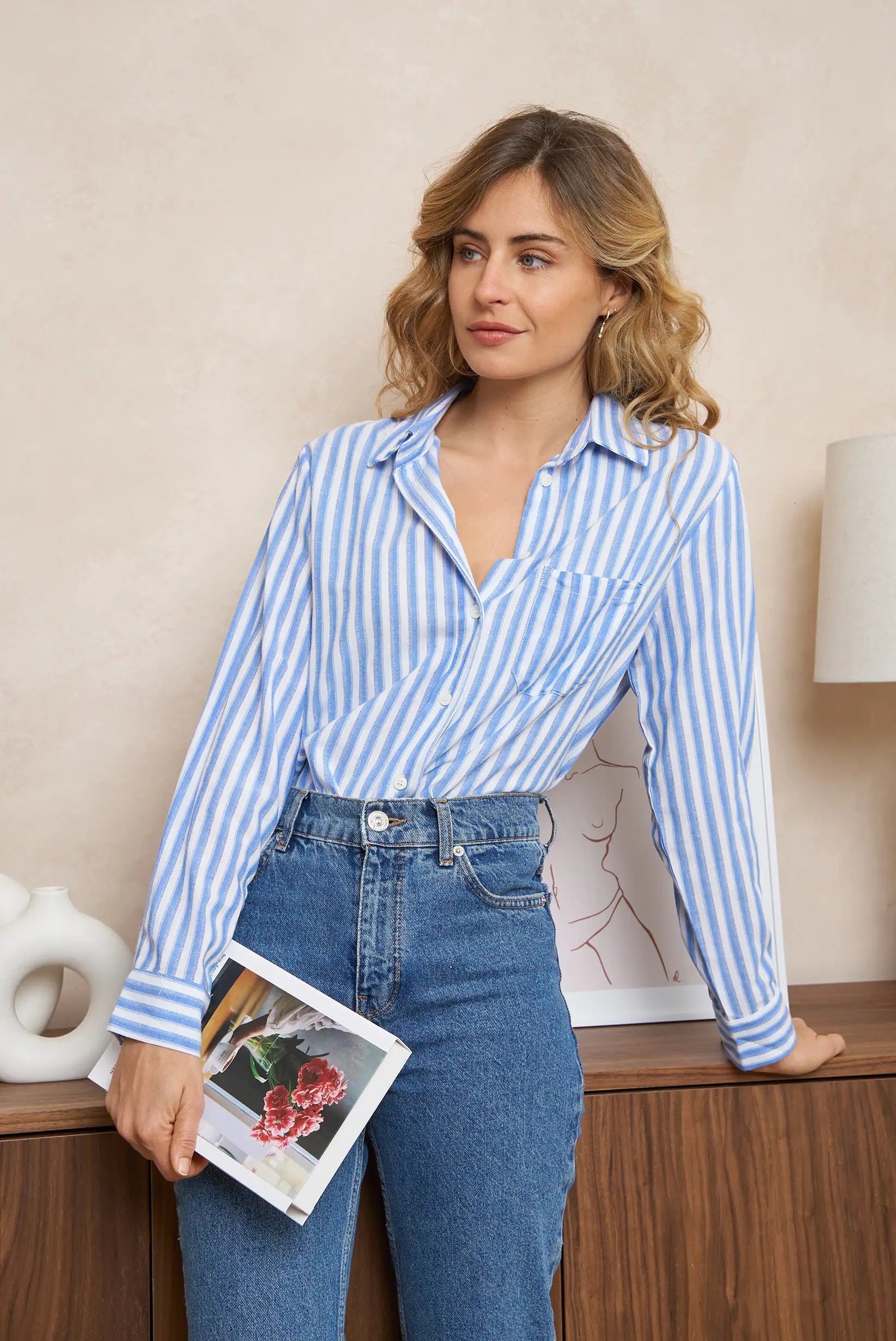 Camisa camisera de algodón a rayas finas azul y blanco mujer