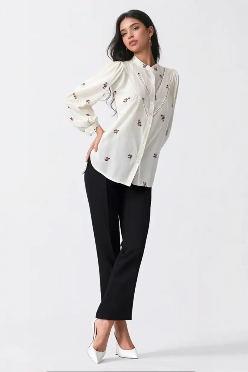 Camisa Mujer Beige Manga Larga con Bordados Florales Algodón