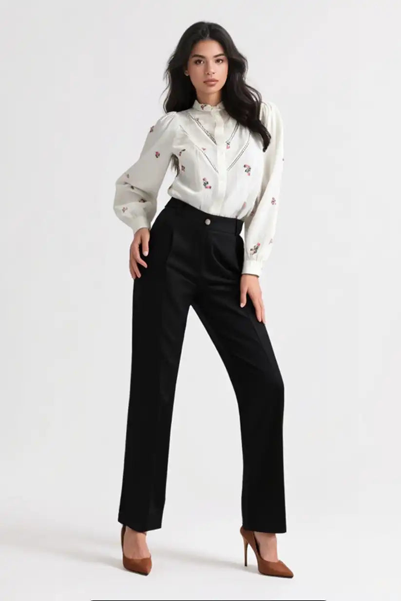 Camisa Mujer Beige Manga Larga con Bordados Florales Algodón