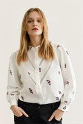 Camisa Mujer Beige Manga Larga con Bordados Florales Algodón