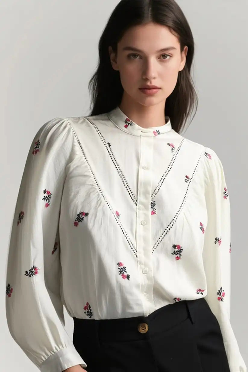 Camisa Mujer Beige Manga Larga con Bordados Florales Algodón