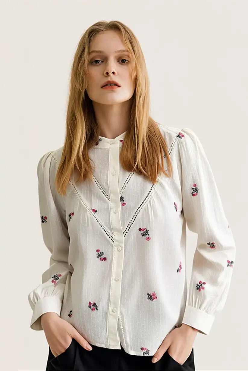 Camisa Mujer Beige Manga Larga con Bordados Florales Algodón