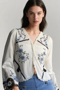 Blusa Boho Beige Mujer con Bordados Florales y Puntilla Algodón