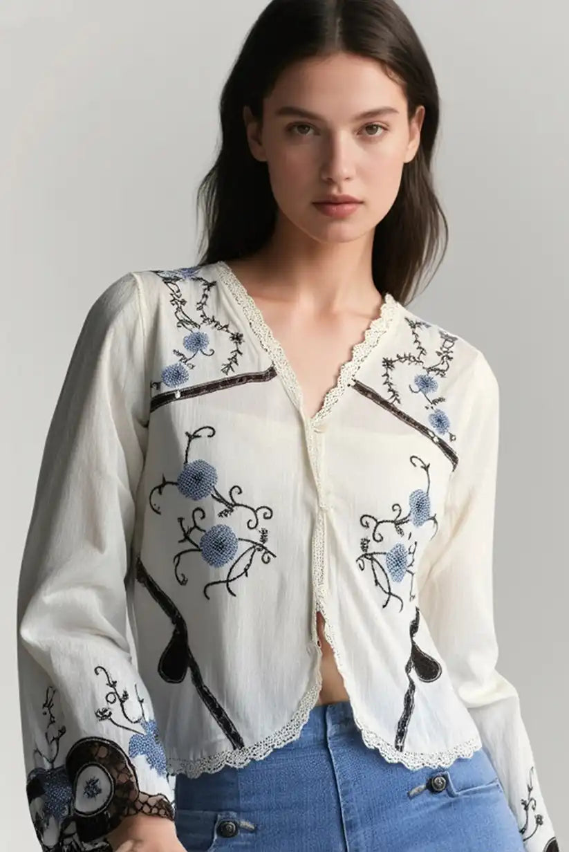 Blusa Boho Beige Mujer con Bordados Florales y Puntilla Algodón