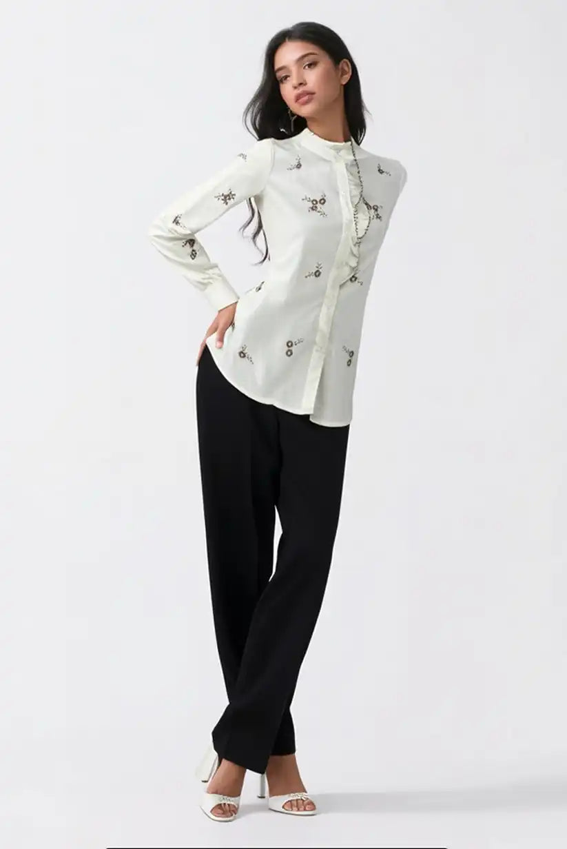 Camisa Mujer Manga Larga Beige Bordada Algodón Estilo Boho Chic