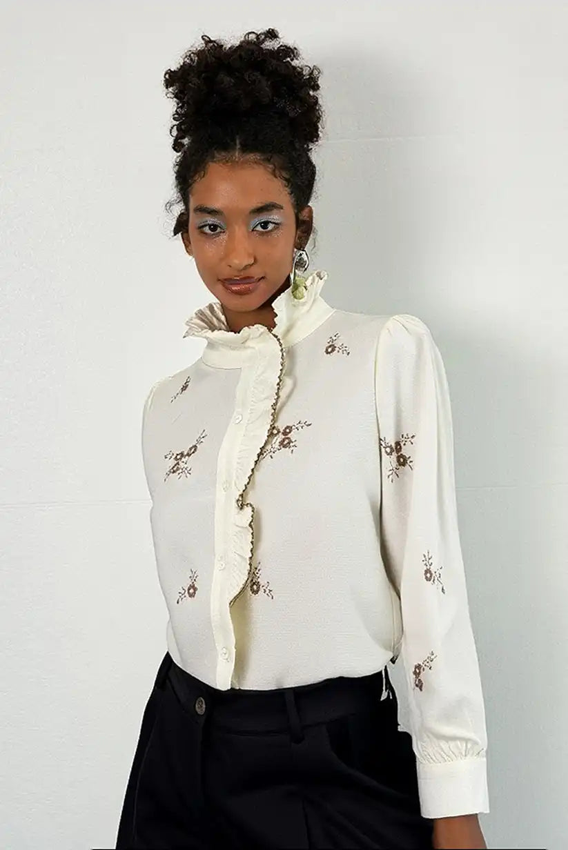 Camisa Mujer Manga Larga Beige Bordada Algodón Estilo Boho Chic
