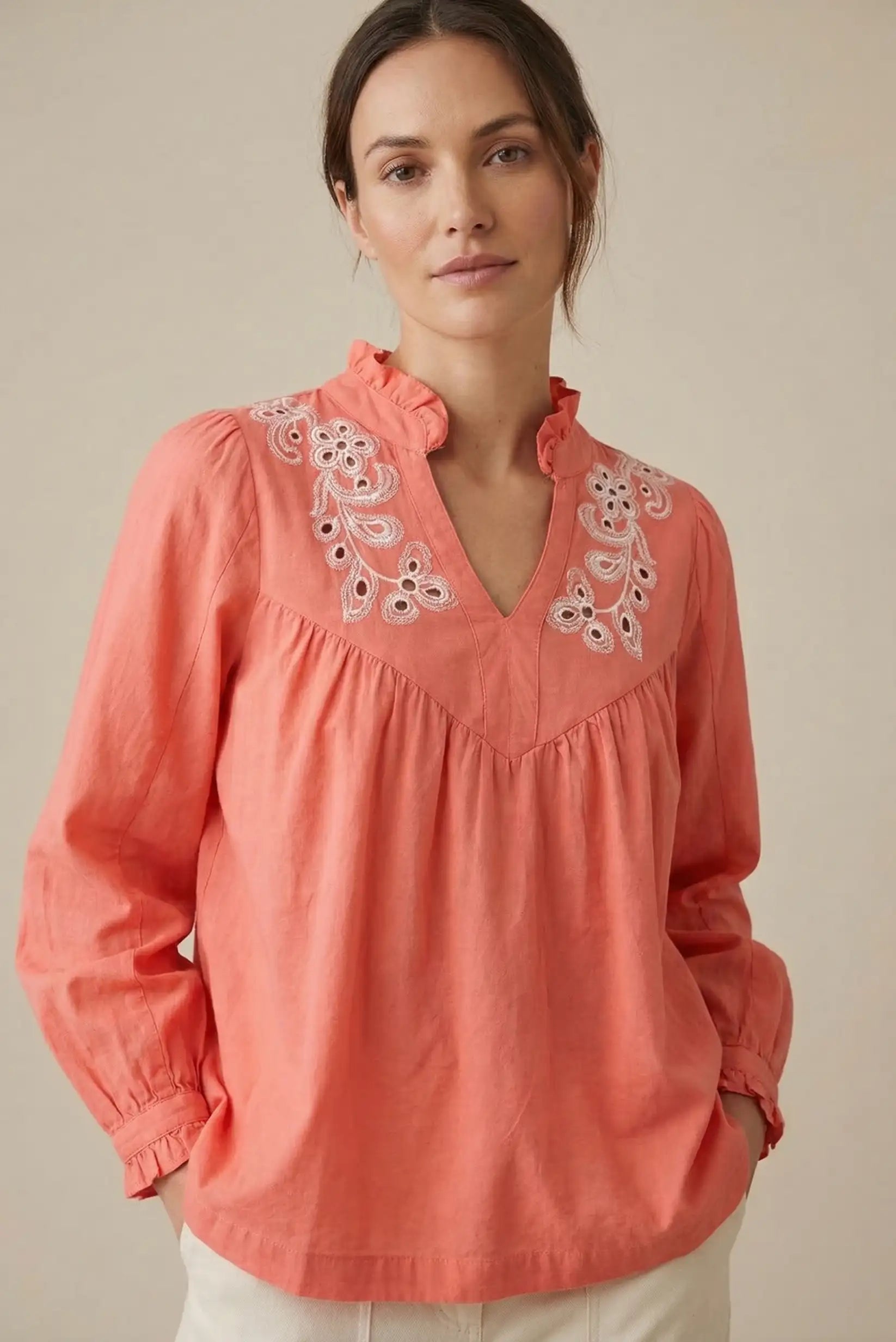 Camisa Mujer Coral Bordada | Blusa Algodón Manga Larga
