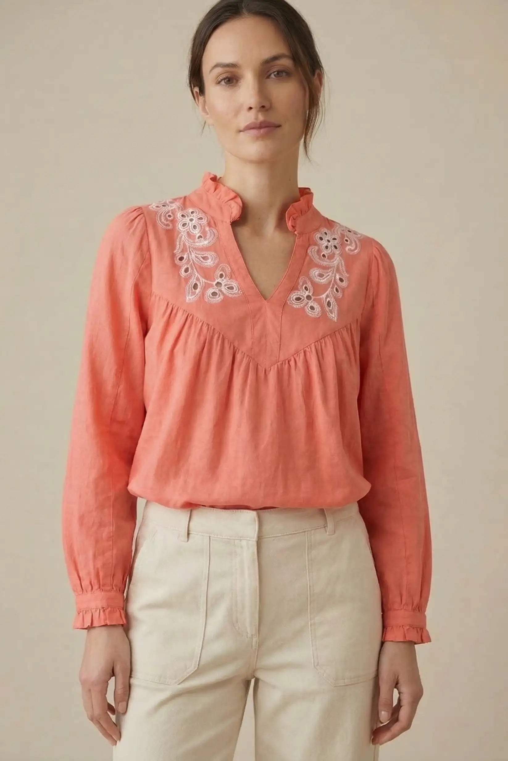 Camisa Mujer Coral Bordada | Blusa Algodón Manga Larga