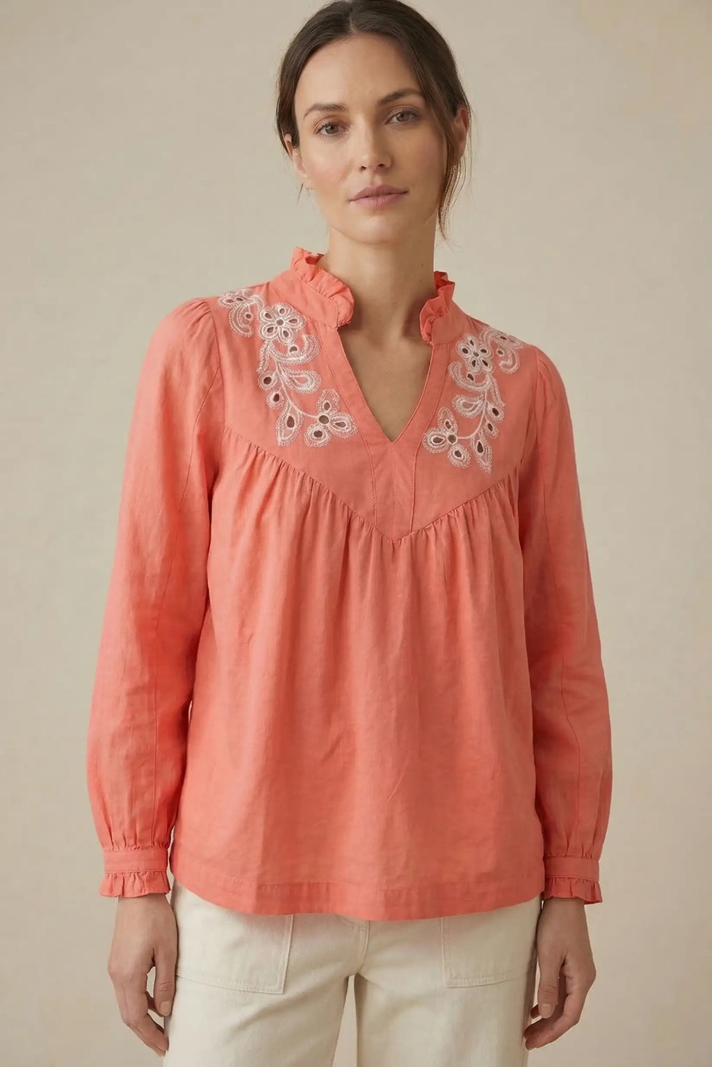Camisa Mujer Coral Bordada | Blusa Algodón Manga Larga