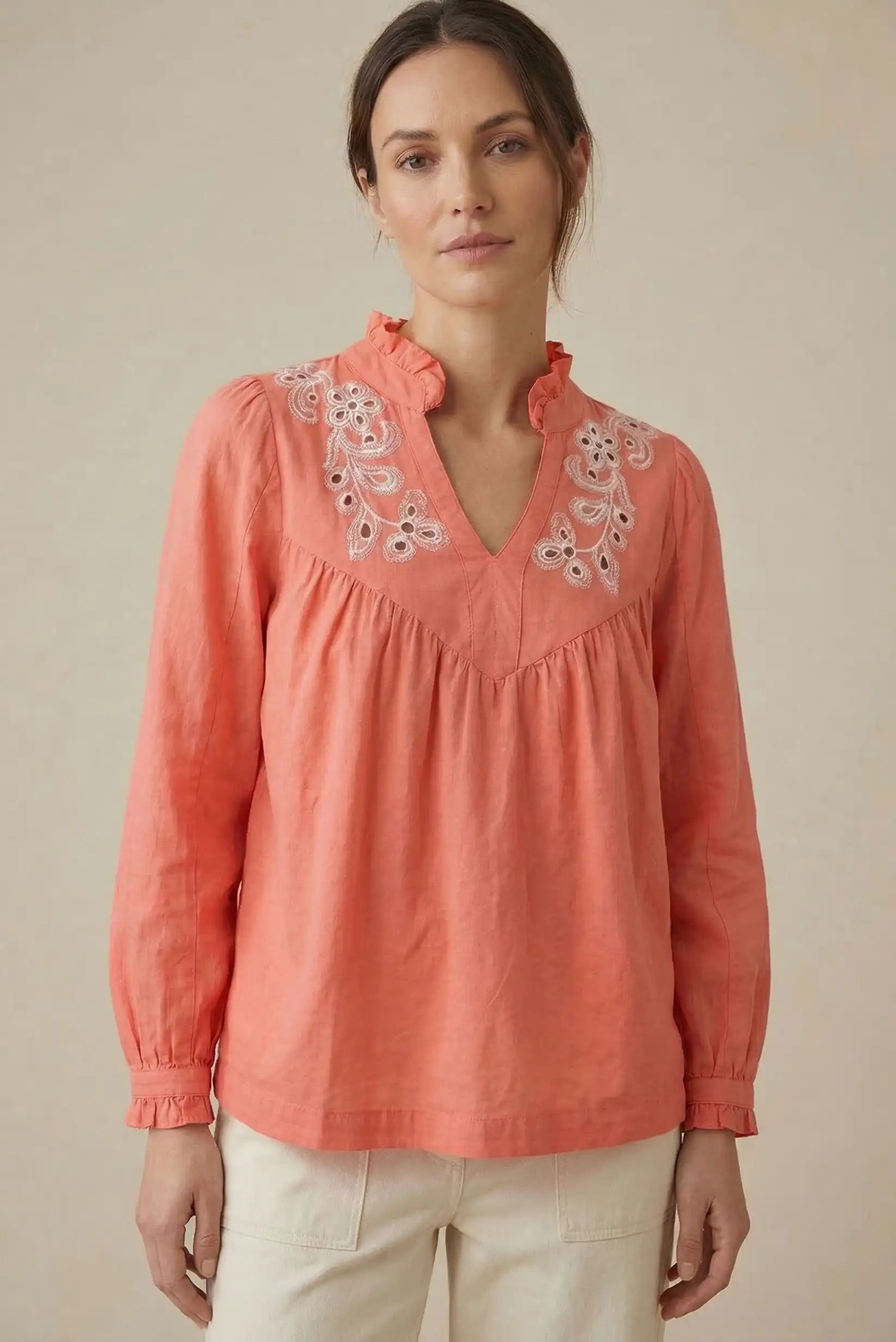 Camisa Mujer Coral Bordada | Blusa Algodón Manga Larga