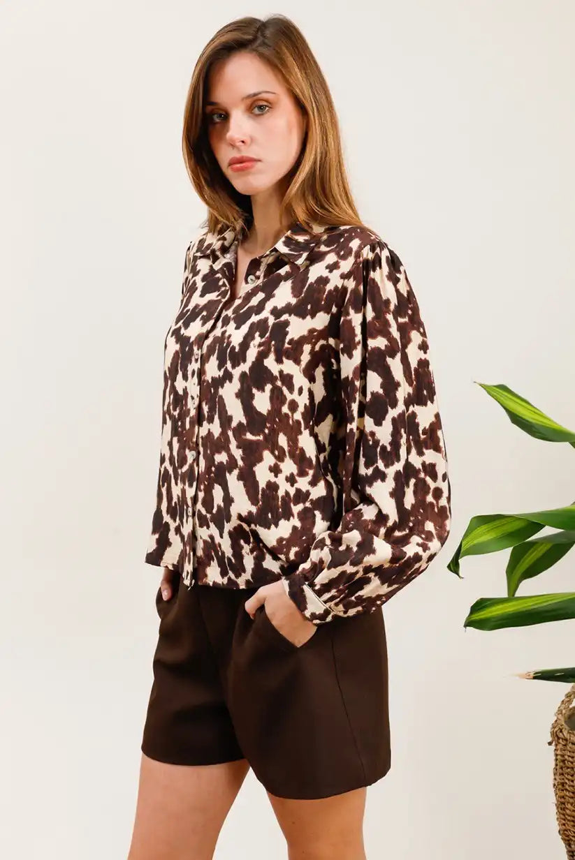 Camisa Animal Print Marrón Mujer Elegante Estilo Cómodo y Versátil