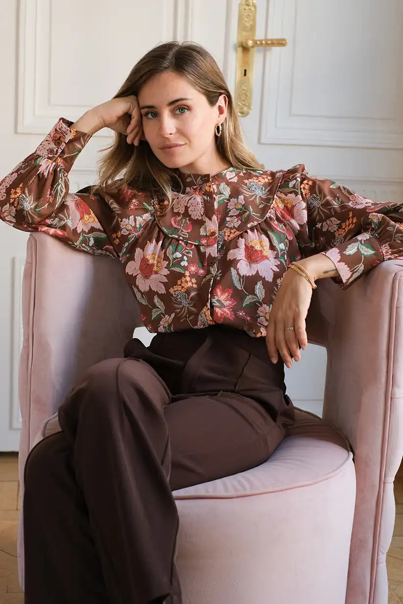 Camisa Marrón Floral Mujer Otoño Manga Larga Algodón Elegante