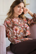 Camisa Marrón Floral Mujer Otoño Manga Larga Algodón Elegante