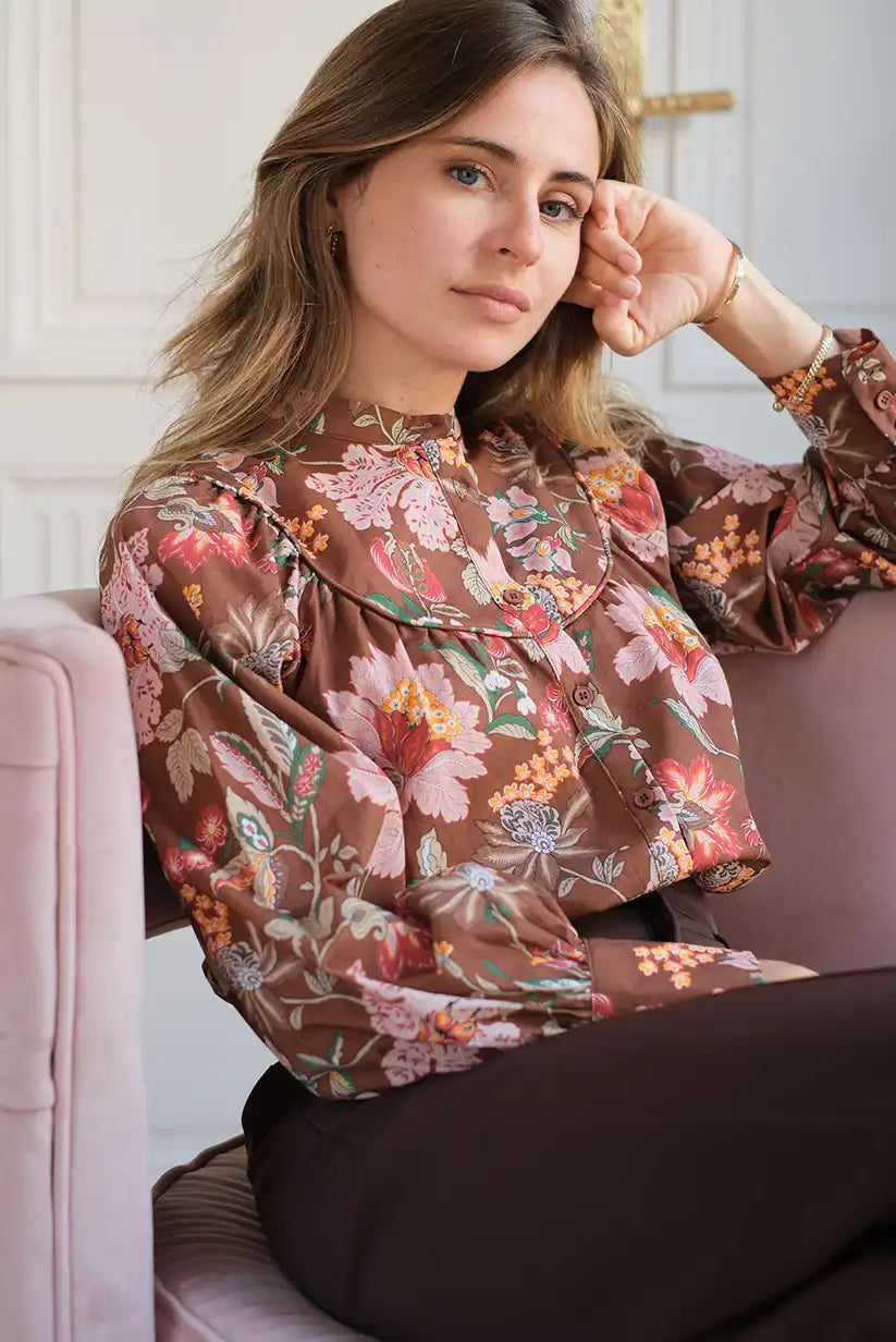 Camisa Marrón Floral Mujer Otoño Manga Larga Algodón Elegante