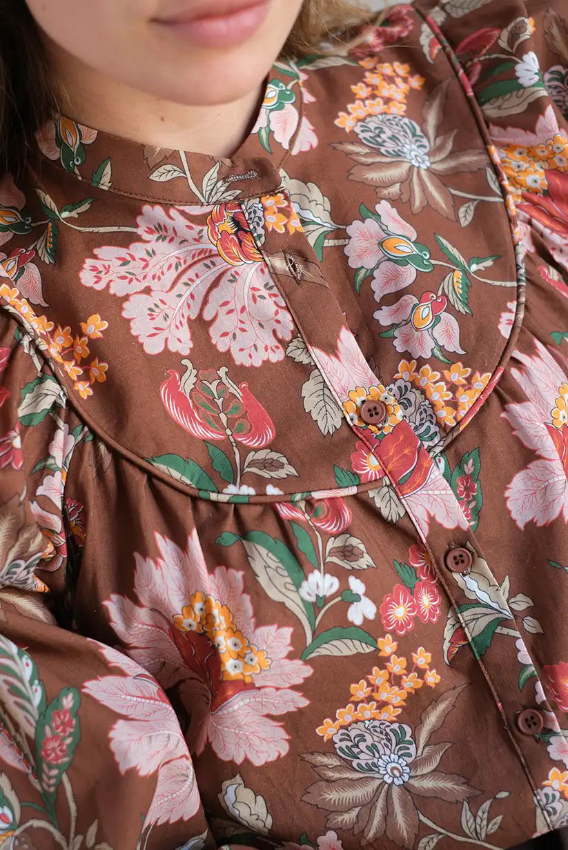 Camisa Marrón Floral Mujer Otoño Manga Larga Algodón Elegante