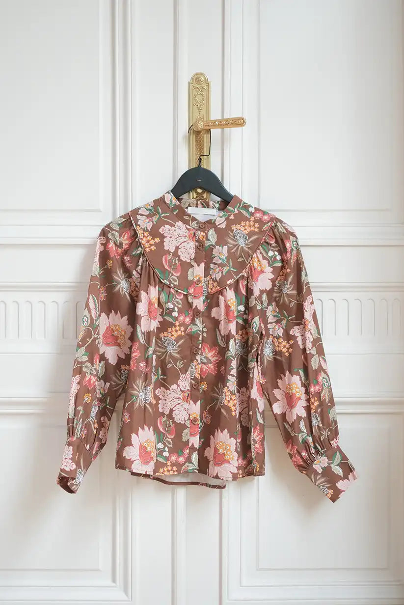 Camisa Marrón Floral Mujer Otoño Manga Larga Algodón Elegante