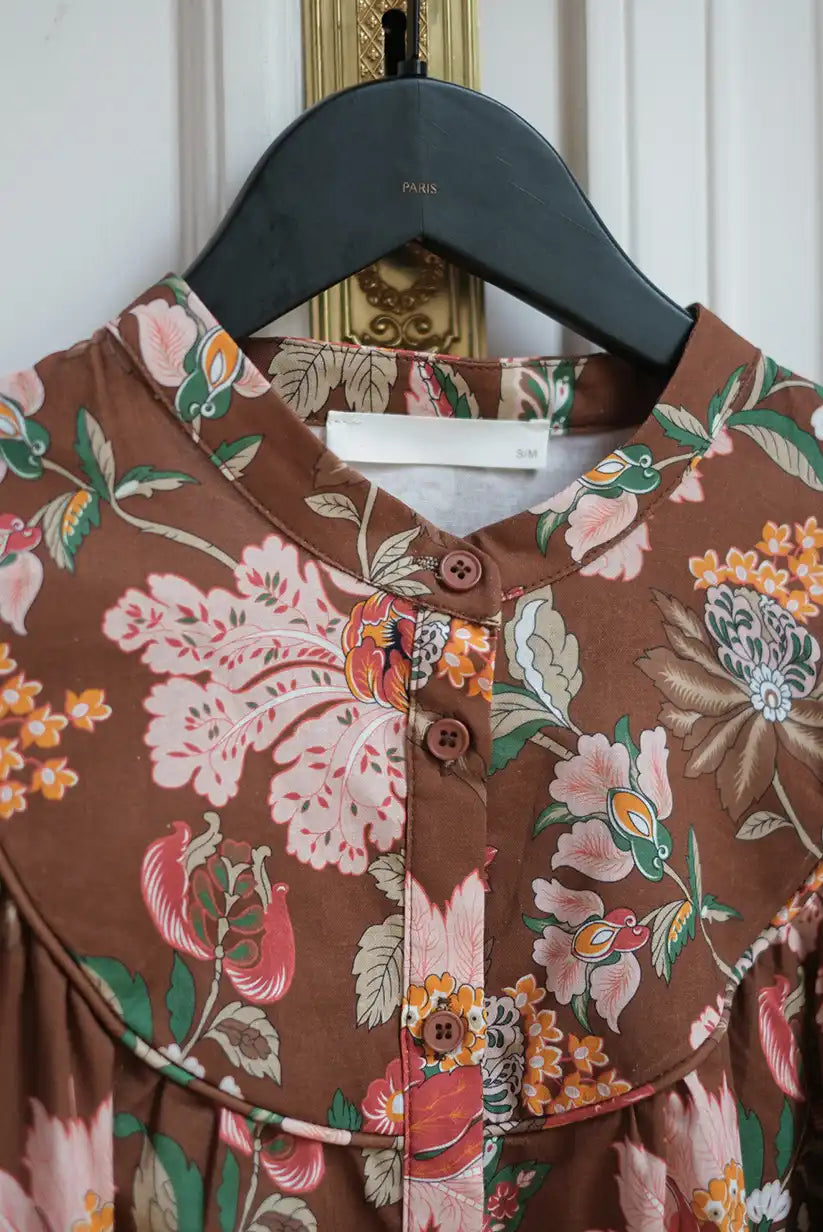 Camisa Marrón Floral Mujer Otoño Manga Larga Algodón Elegante