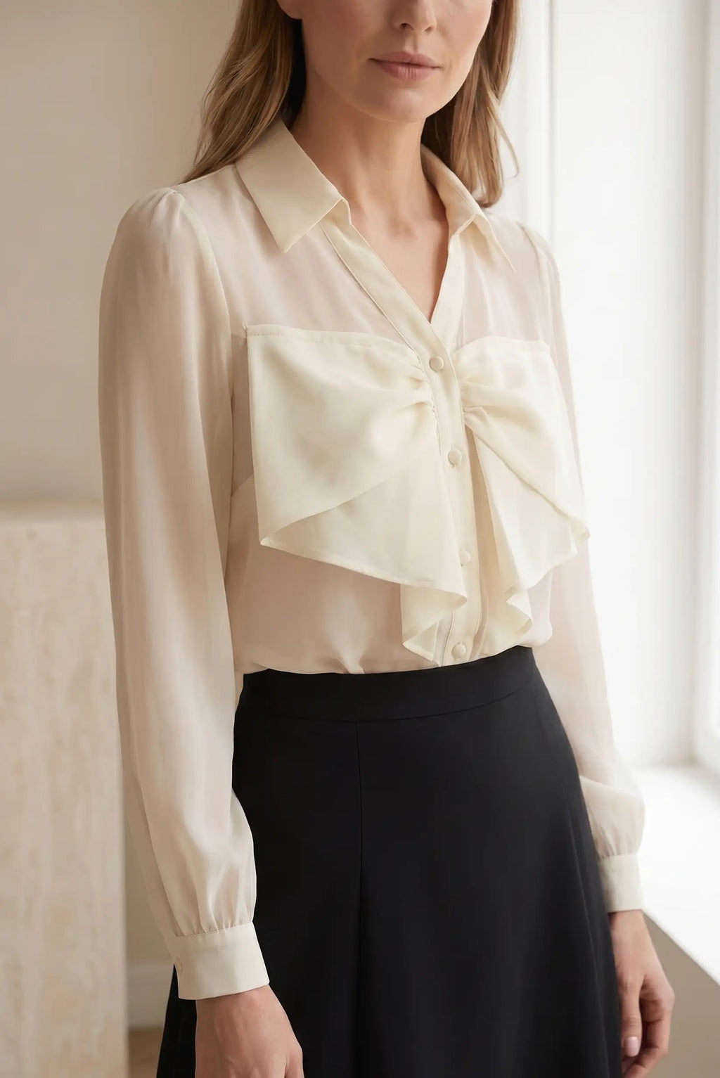 Camisa Vainilla Mujer con Lazo | Tejido Vaporoso Primavera