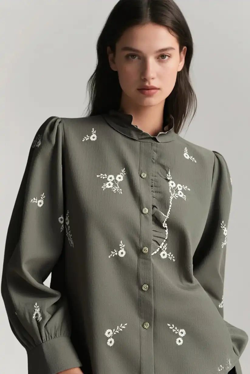 Camisa Mujer Verde Kaki Bordada Manga Larga Algodón Romántica