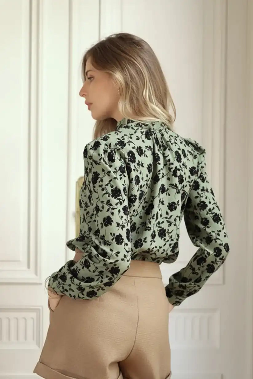 Camisa Verde Oliva Mujer Bordado Floral Negro Elegante Satinada