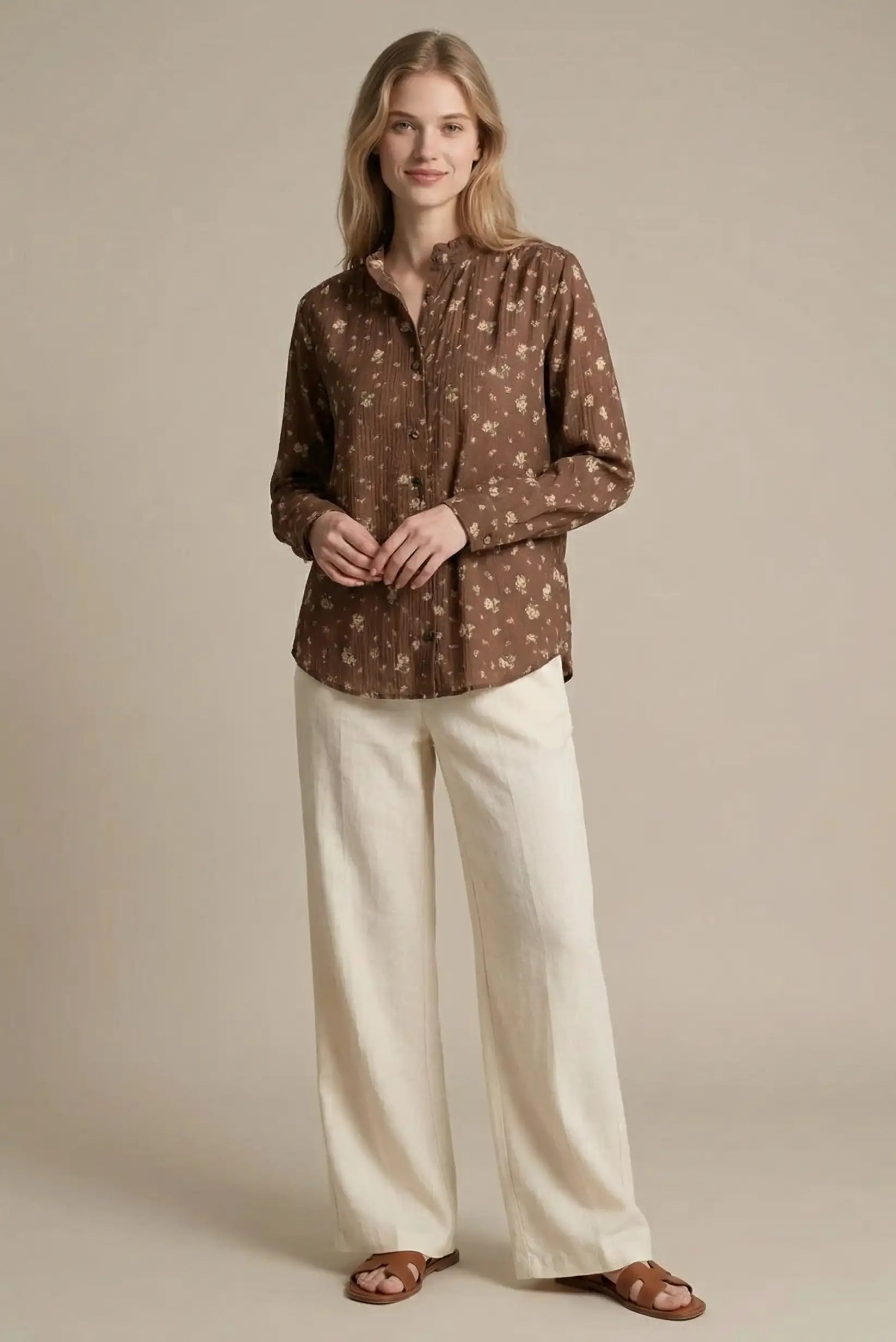 Camisa mujer marrón chocolate bordada floral vintage manga larga