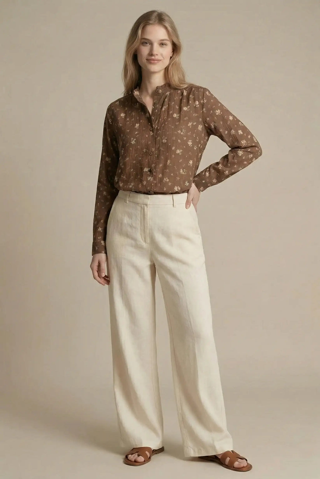 Camisa mujer marrón chocolate bordada floral vintage manga larga