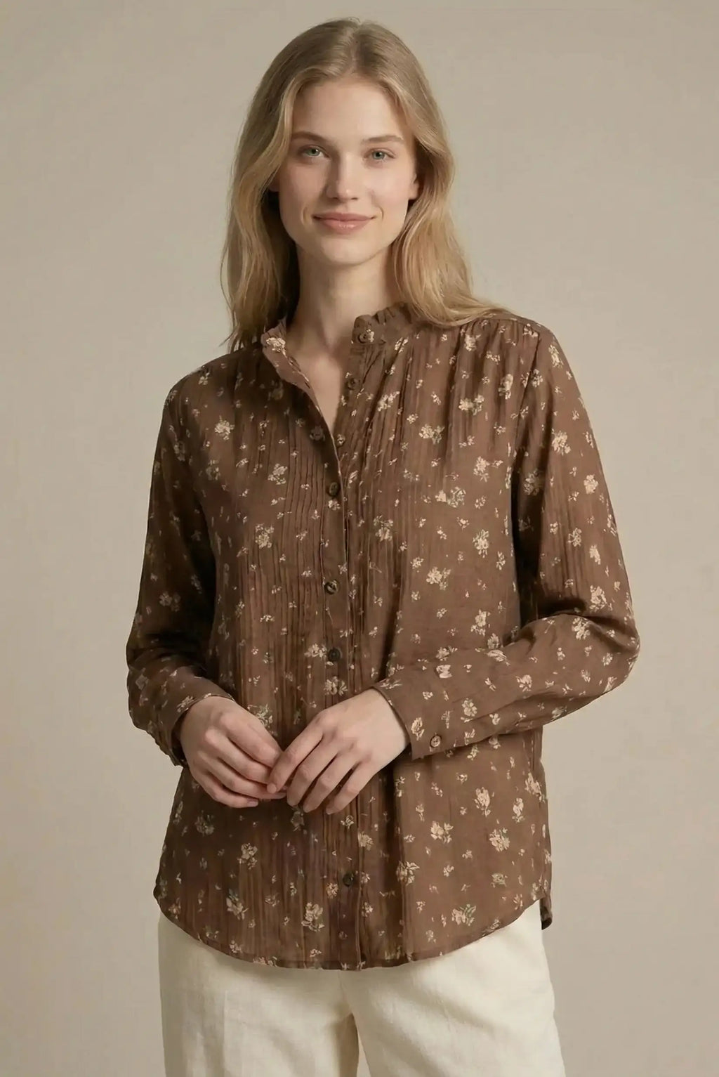 Camisa mujer marrón chocolate bordada floral vintage manga larga