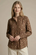 Camisa mujer marrón chocolate bordada floral vintage manga larga
