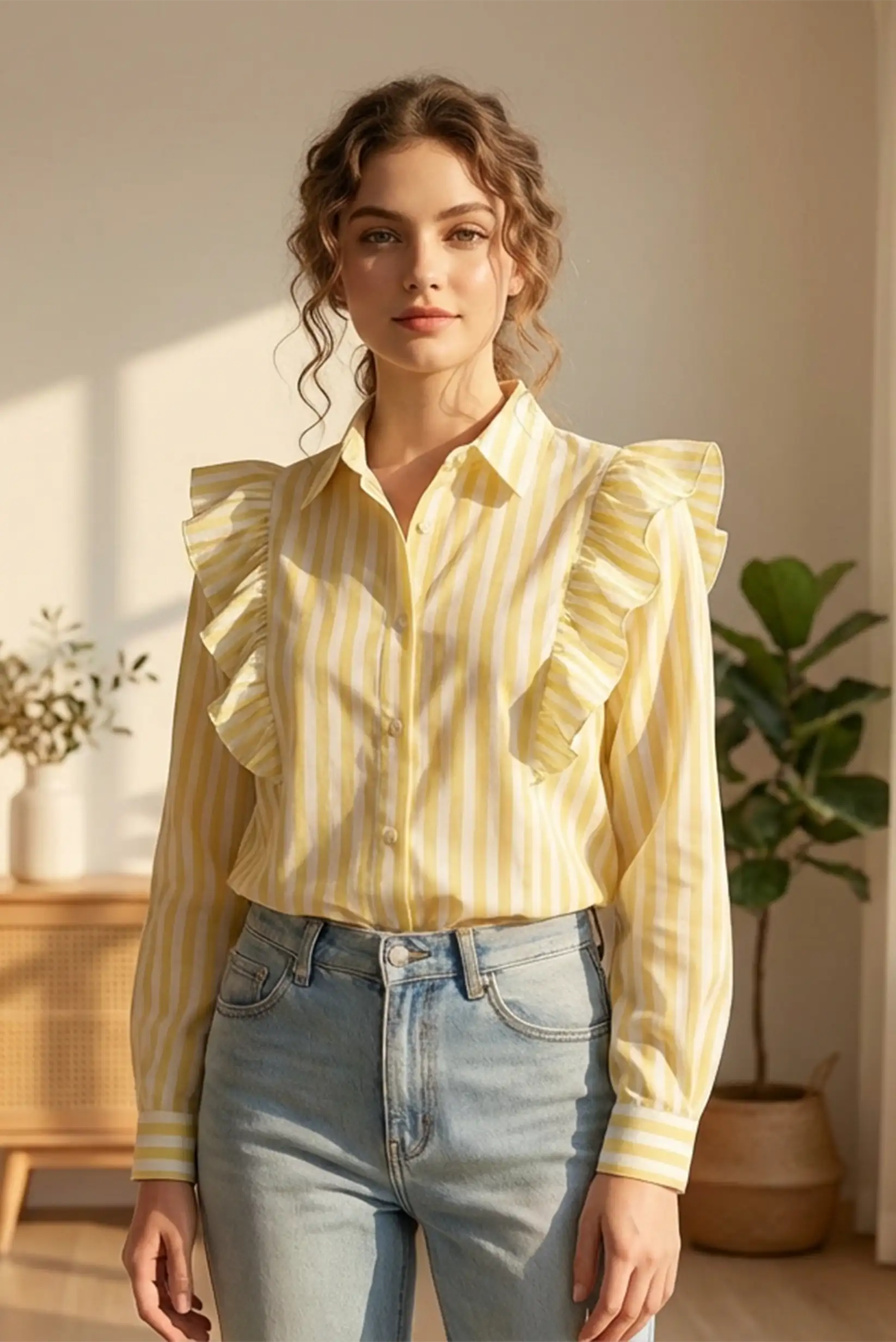Camisa de mujer de algodón con volantes y rayas amarillas largas