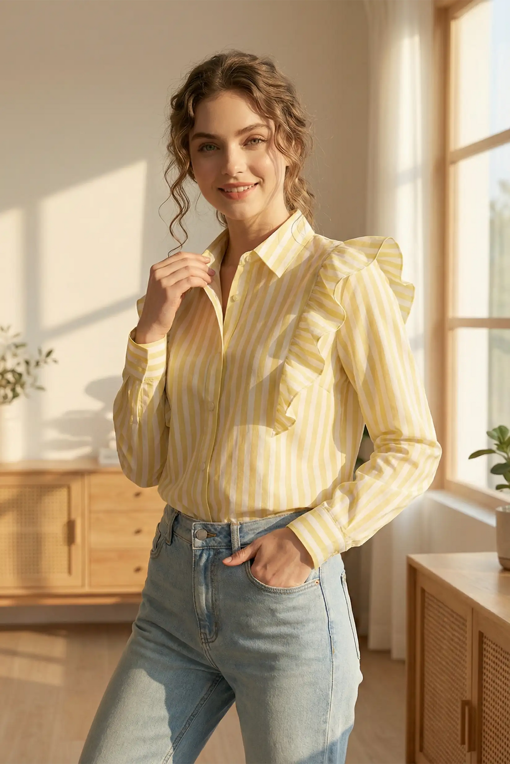 Camisa de mujer de algodón con volantes y rayas amarillas largas