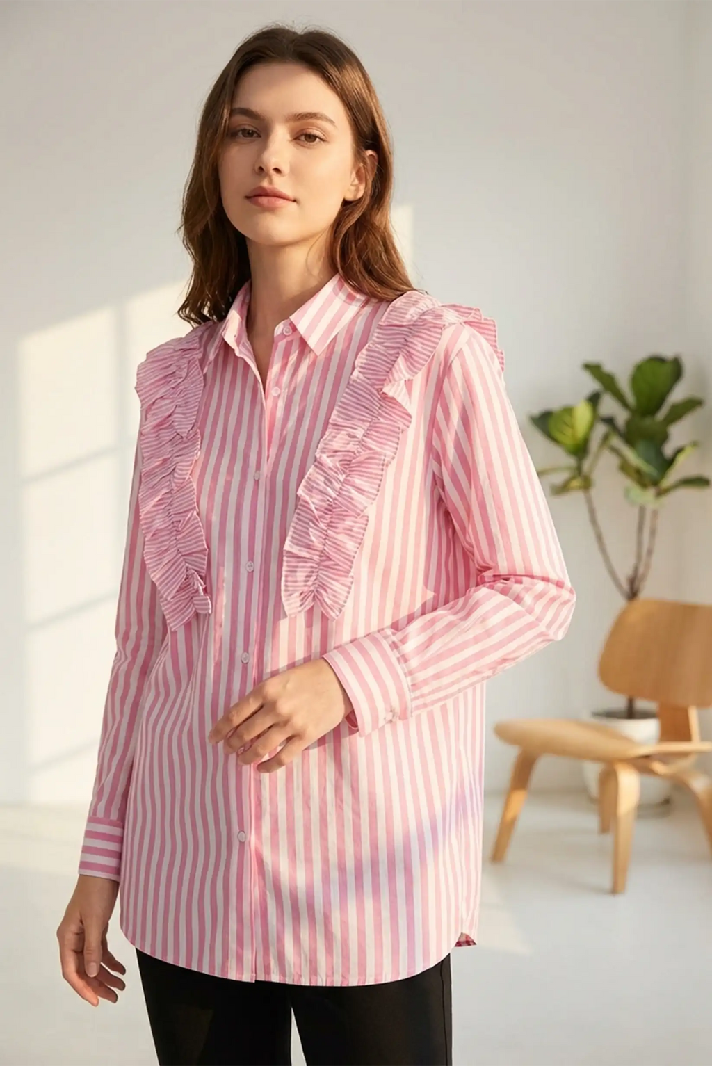 Camisa de mujer 100% algodón de rayas rosas con volantes y manga larga