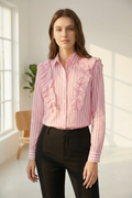 Camisa de mujer 100% algodón de rayas rosas con volantes y manga larga