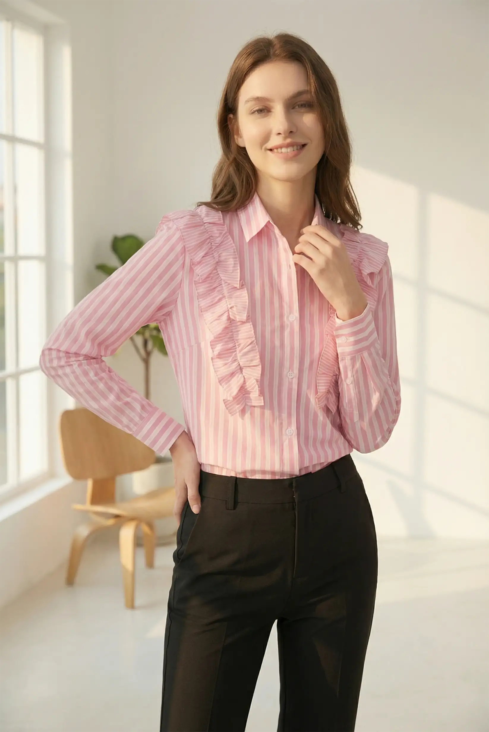 Camisa de mujer 100% algodón de rayas rosas con volantes y manga larga