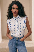 Blusa mujer blanca con bordados azul