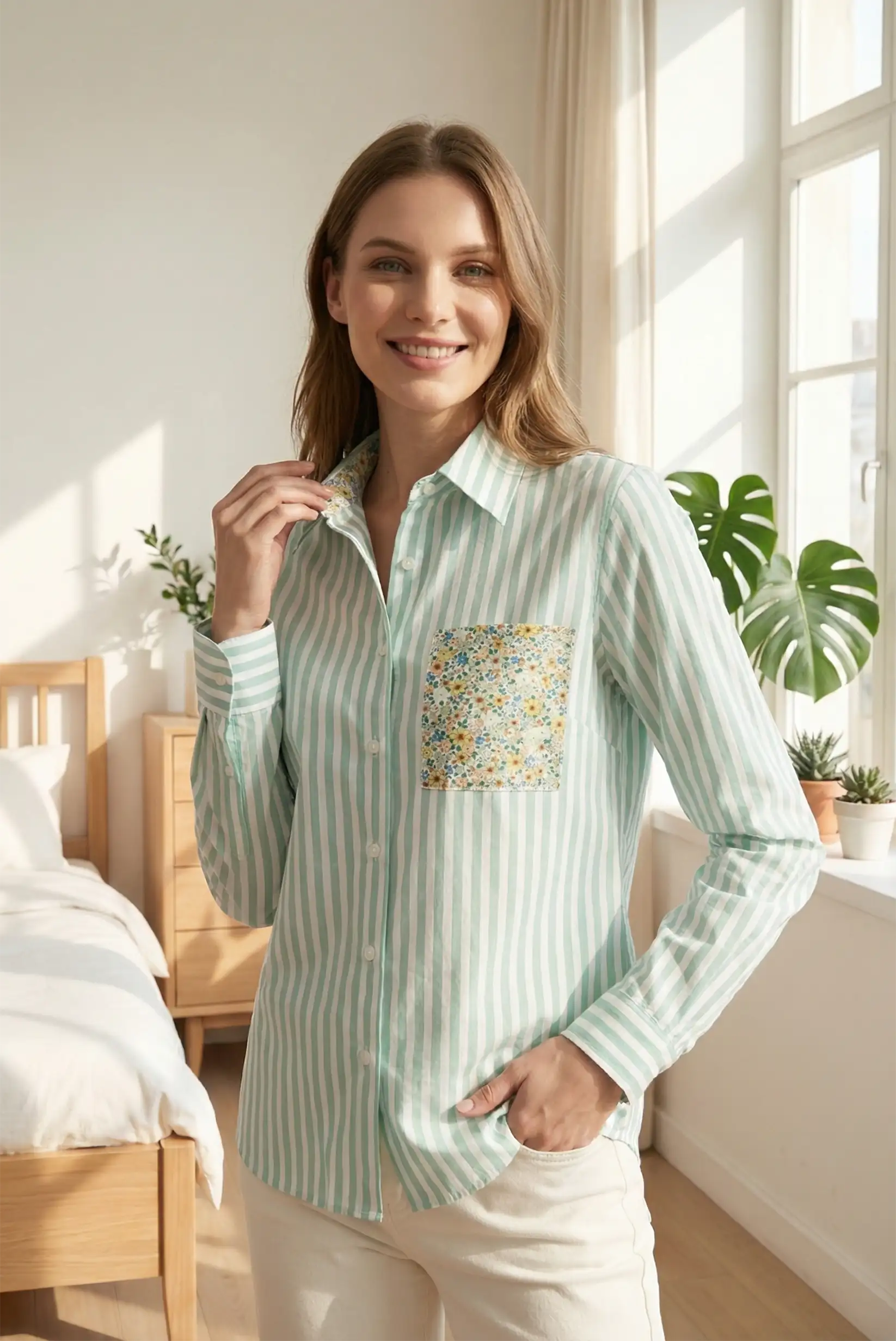Camisa de mujer algodón rayas verdes manga larga con bolsillo estampado