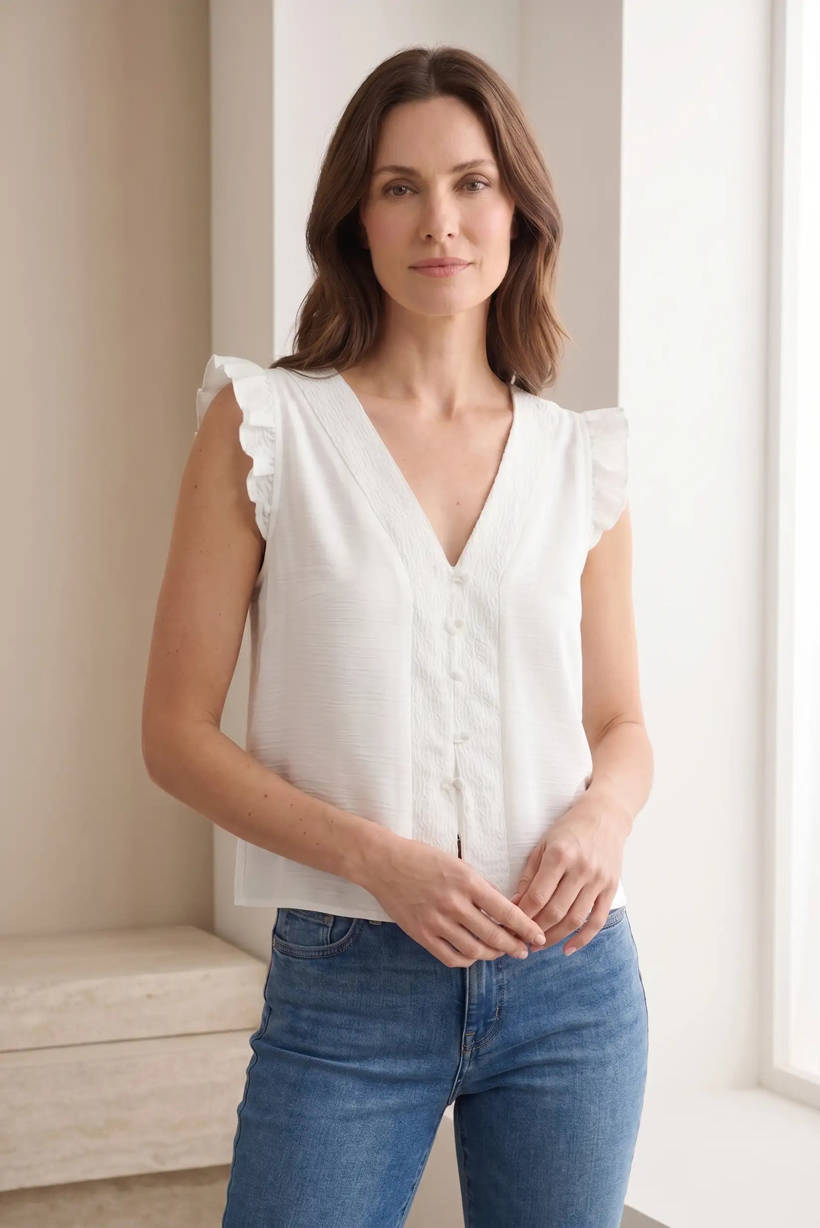 Top Blanco mujer verano con volantes mangas