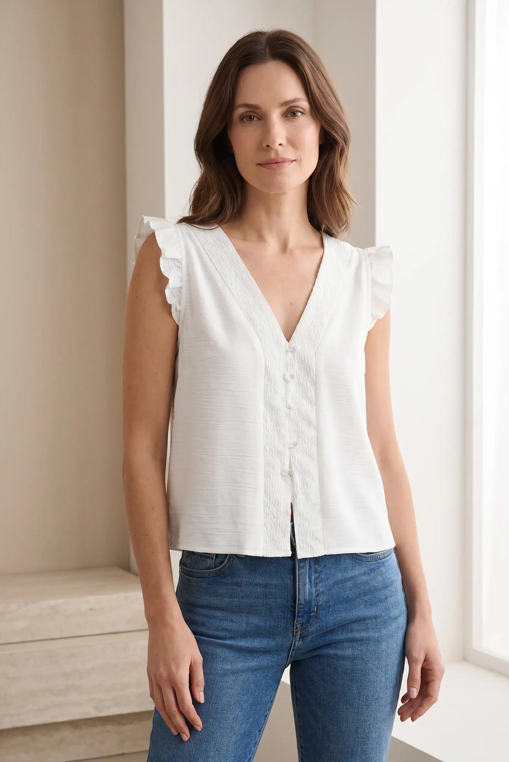 Top Blanco mujer verano con volantes mangas