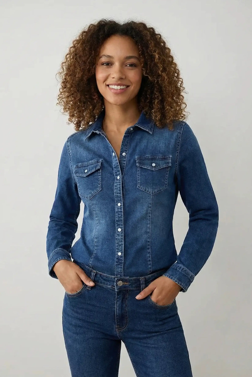 Camisa Vaquera Mujer Azul Denim con Bolsillos 100% Algodón