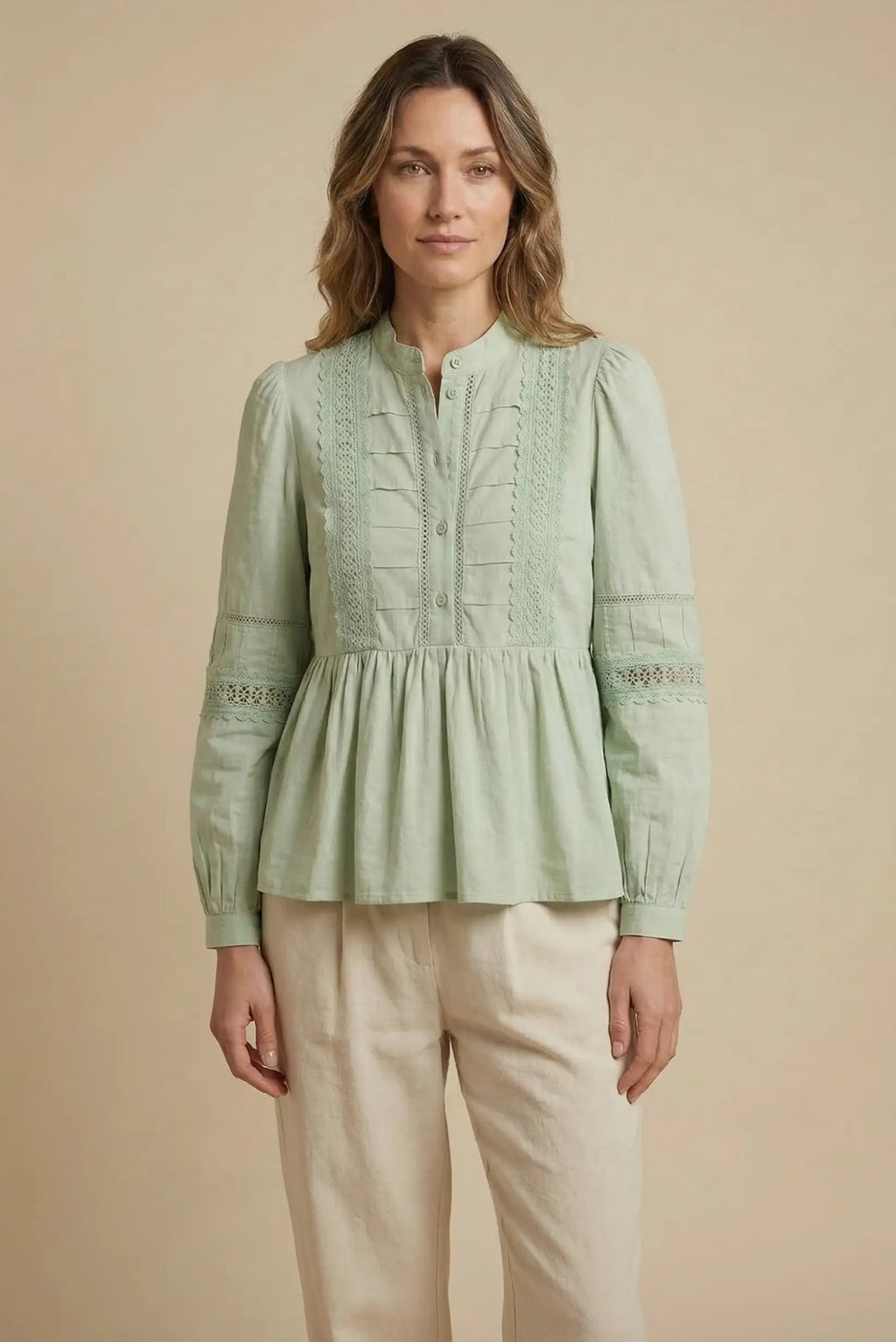 Camisa Mujer Verde Agua con Encaje blusa Manga Larga Primavera
