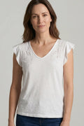 Blusa blanca mujer cuello pico bordada algodón manga larga elegante