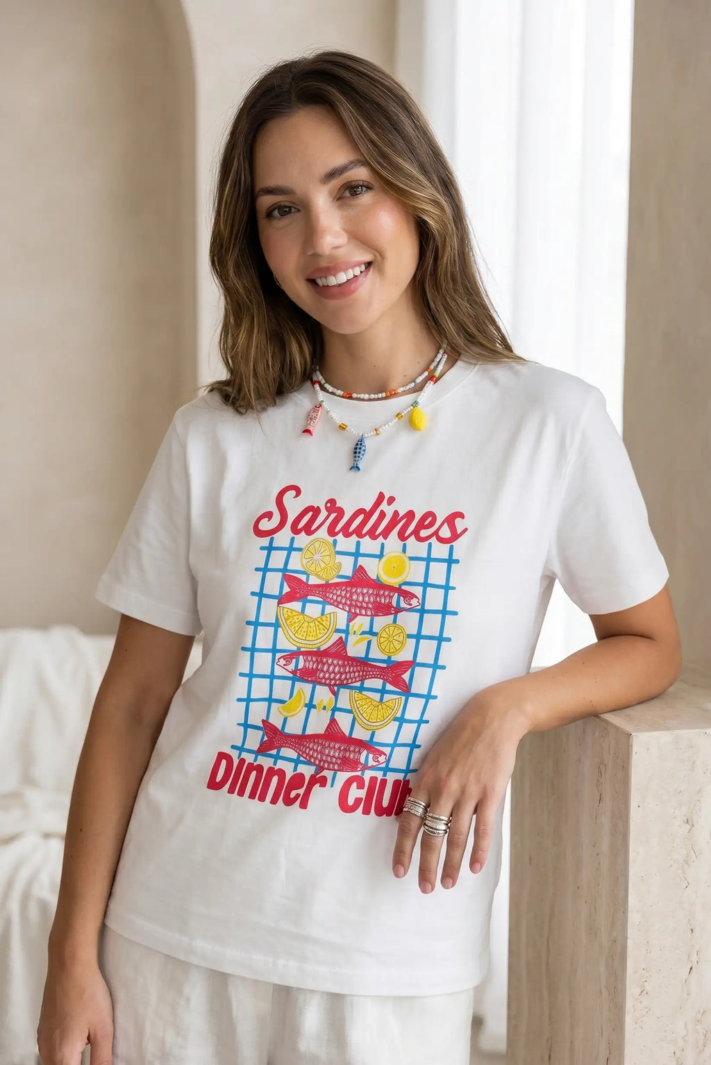 Camiseta Mujer Sardinas Dinner Club Algodón Blanca