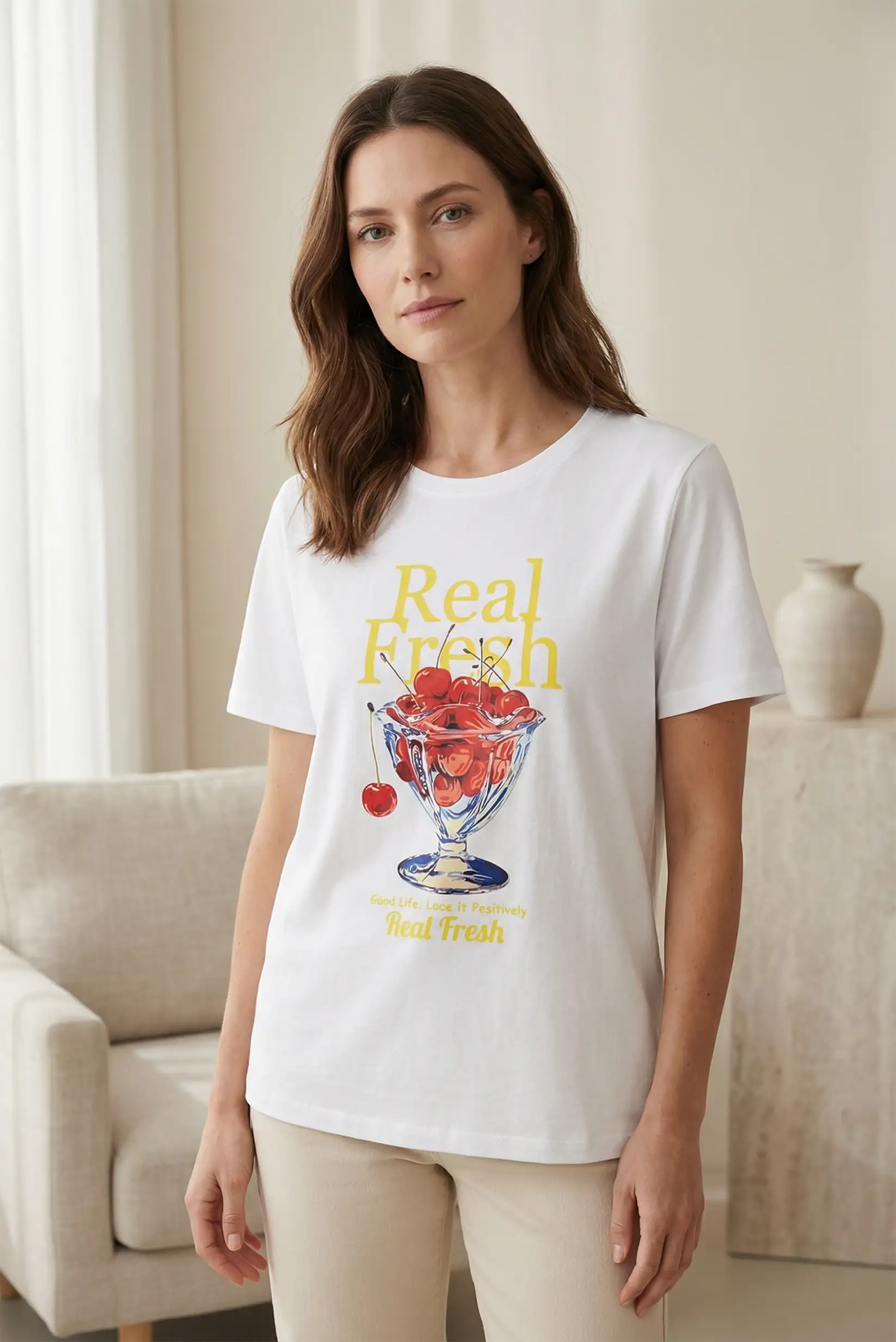 Camiseta blanca manga corta algodón elástico Real Fresh cerezas
