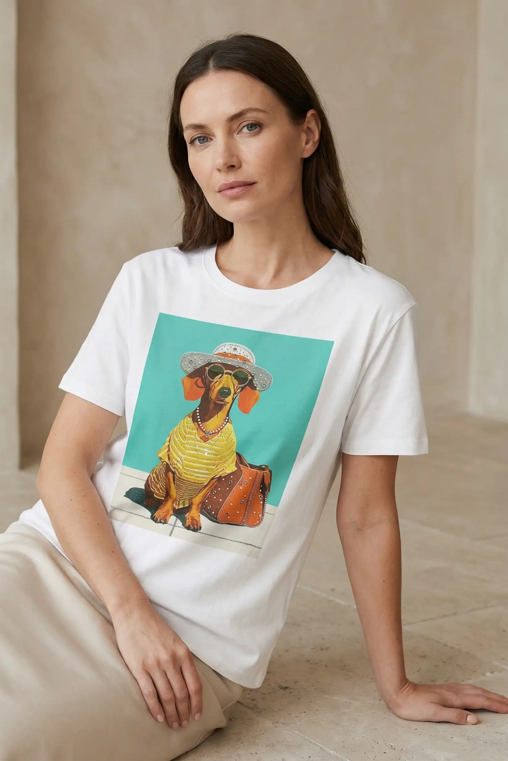 Camiseta blanca mujer algodón elástico con estampado perro salchicha