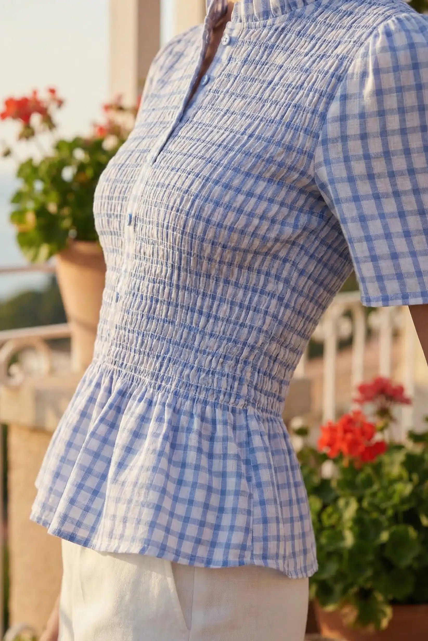 Blusa Mujer Cuadros Vichy Azul Fruncida camisa Primavera