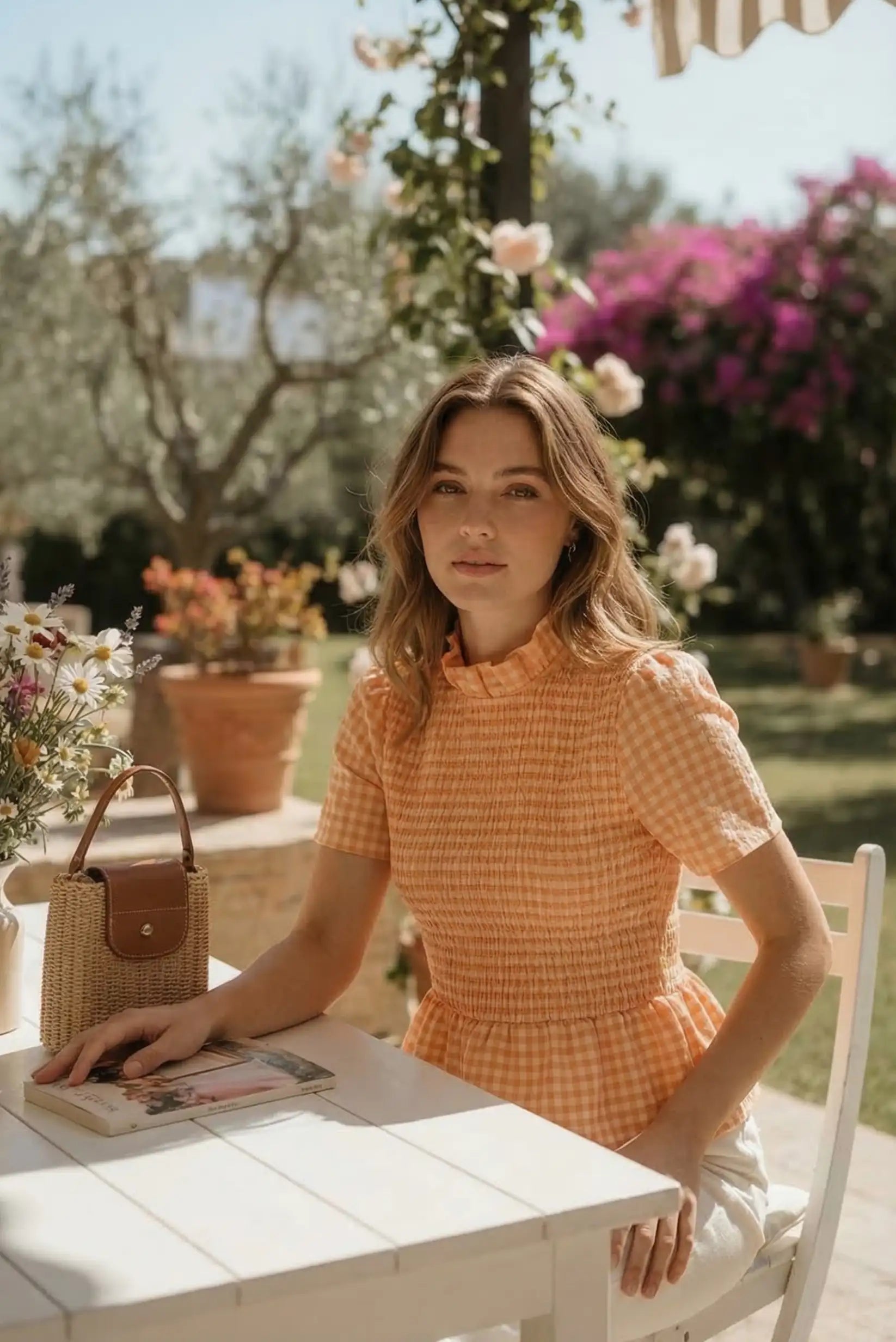 Blusa Mujer Cuadros Vichy Naranja Fruncida | Camisa Ajustada Primavera Verano