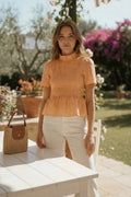 Blusa Mujer Cuadros Vichy Naranja Fruncida | Camisa Ajustada Primavera Verano