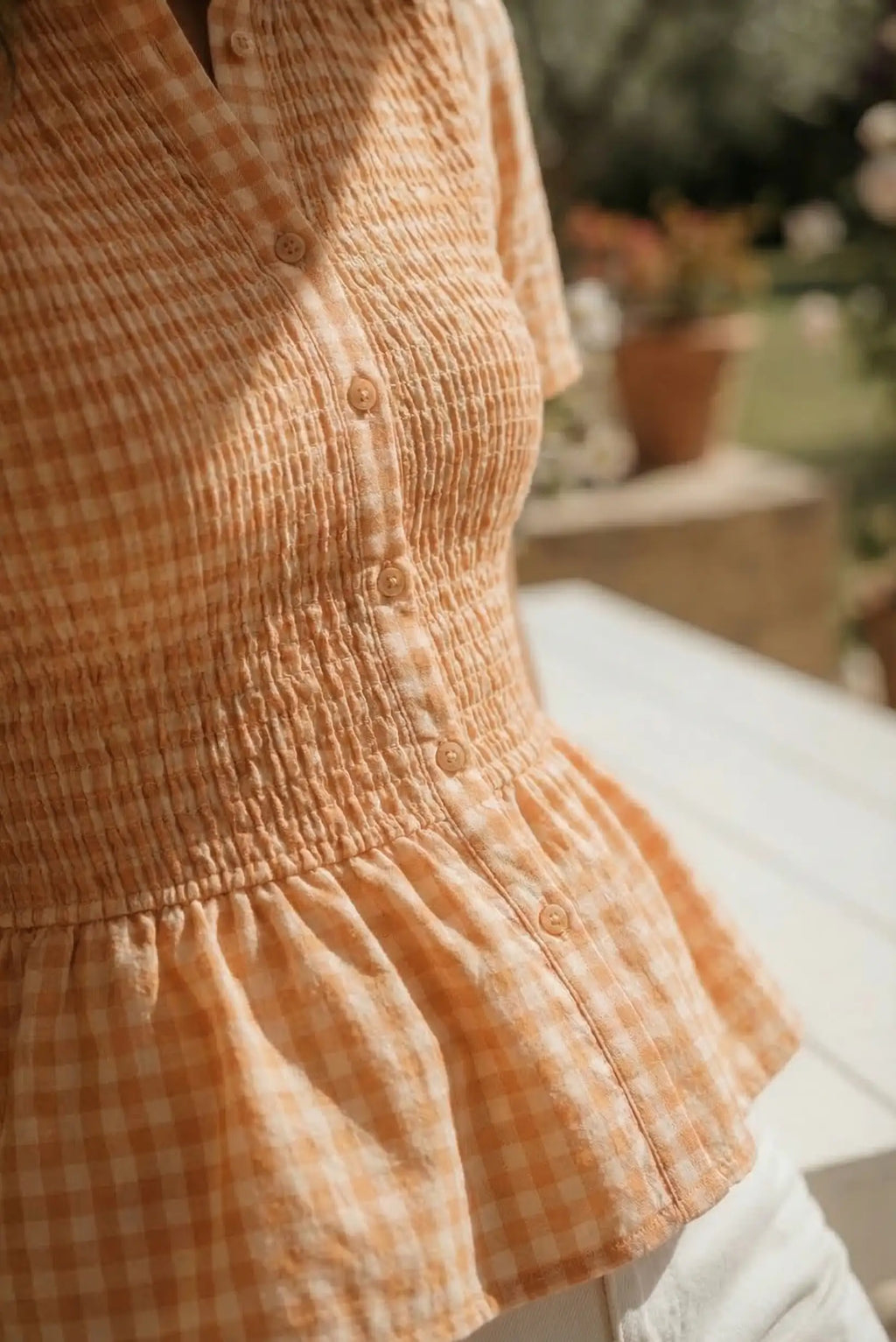 Blusa Mujer Cuadros Vichy Naranja Fruncida | Camisa Ajustada Primavera Verano