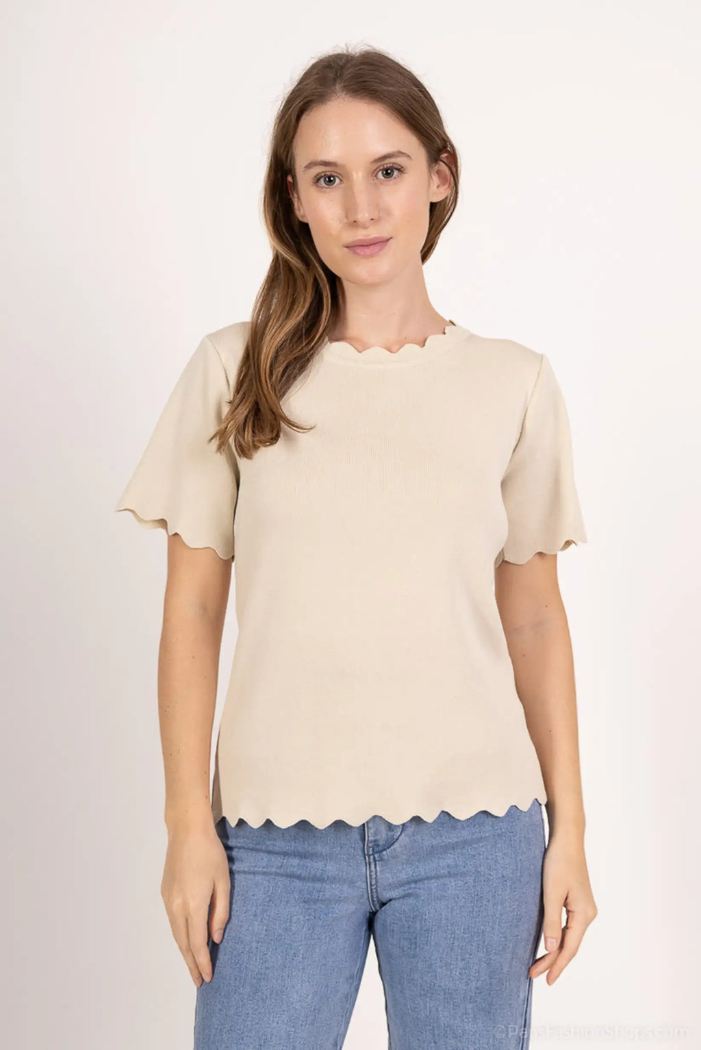 Top mujer Manga Corta ondulada Beige